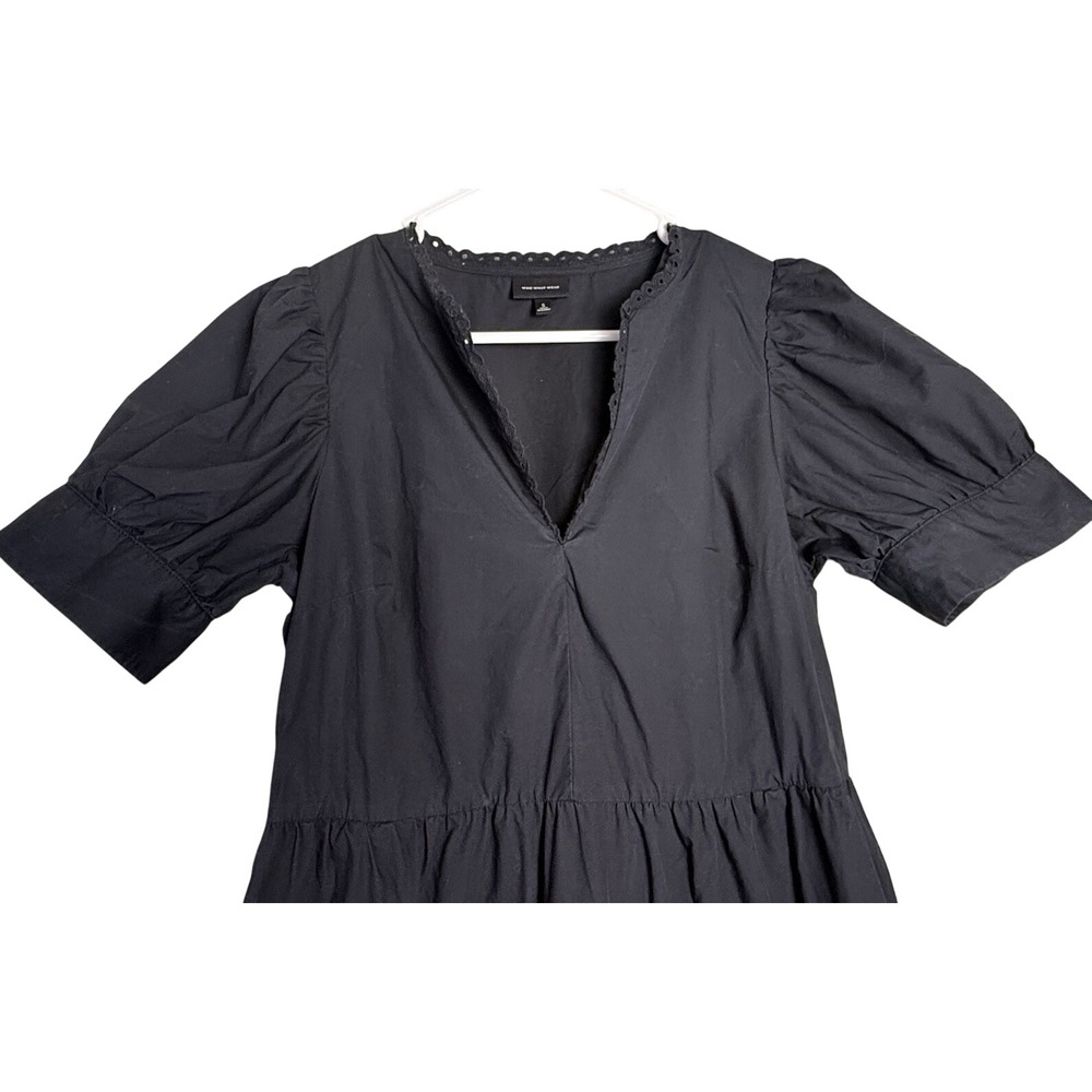 WHO WHAT WEAR Black Tiered Dress‎ Cotton Pockets Puff Sleeve Crochet Neck SMALL - Picture 2 of 6